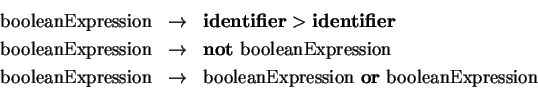 \begin{eqnarray*}
{\rm booleanExpression} &\to& {\bf identifier} > {\bf identif...
...to& {\rm booleanExpression~}
{\bf or} {\rm ~booleanExpression}
\end{eqnarray*}